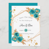Blauwgroen Gold Peony Geometric Save The Date Kaar Kaart (Voorkant / Achterkant)