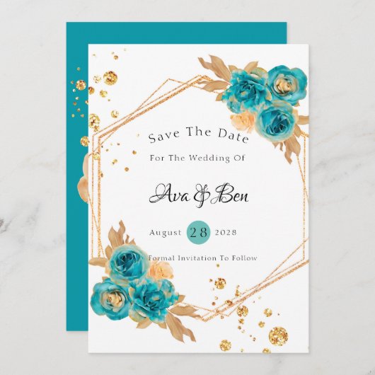 Blauwgroen Gold Peony Geometric Save The Date Kaar Kaart (Voorkant / Achterkant)