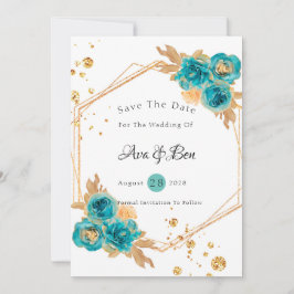 Blauwgroen Gold Peony Geometric Save The Date Kaar Kaart