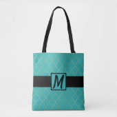 Blauwgroen & Gold Quatrefoil Monogrammen Tote Bag (Voorkant)