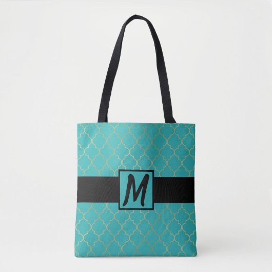 Blauwgroen & Gold Quatrefoil Monogrammen Tote Bag (Voorkant)