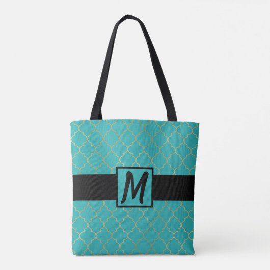 Blauwgroen & Gold Quatrefoil Monogrammen Tote Bag (Achterkant)