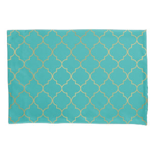 Blauwgroen & Gold Quatrefoil Patroon Kussensloop