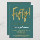 Blauwgroen Gold Script 50th Birthday Party Invitat Kaart (Voorkant / Achterkant)