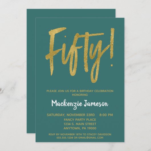 Blauwgroen Gold Script 50th Birthday Party Invitat Kaart (Voorkant / Achterkant)