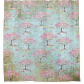 Blauwgroen Gold Shiny Cherry Blossom Spring Patter Douchegordijn (Voorkant)