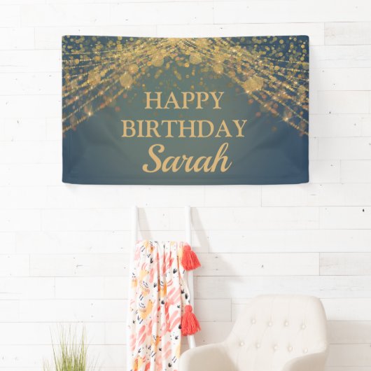 Blauwgroen Gold String Lights Bokeh Happy Birthday Spandoek (Insitu)