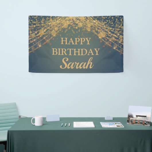 Blauwgroen Gold String Lights Bokeh Happy Birthday Spandoek (Beurs)