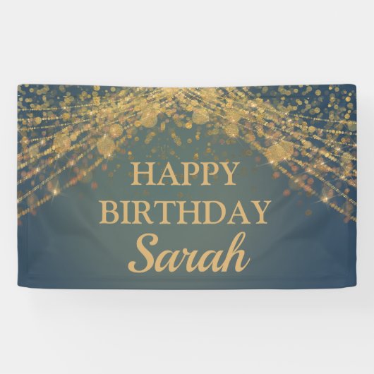 Blauwgroen Gold String Lights Bokeh Happy Birthday Spandoek (Horizontaal)