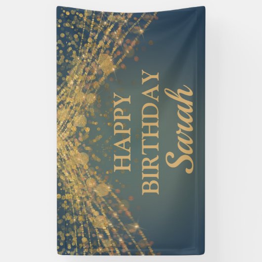 Blauwgroen Gold String Lights Bokeh Happy Birthday Spandoek (Verticaal)