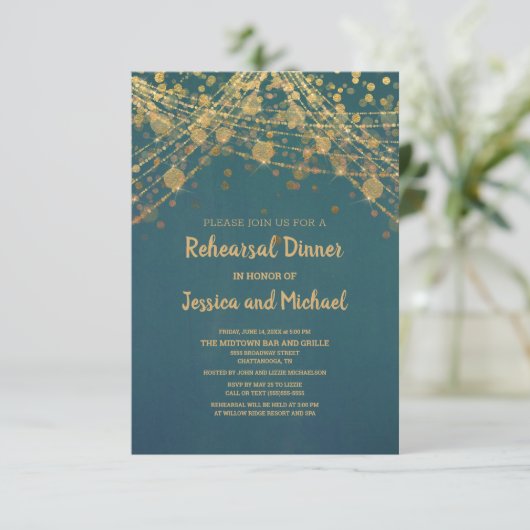 Blauwgroen Gold String Lights Bokeh Rehearsal Kaart (Staand voorkant)