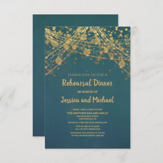 Blauwgroen Gold String Lights Bokeh Rehearsal Kaart (Voorkant / Achterkant)