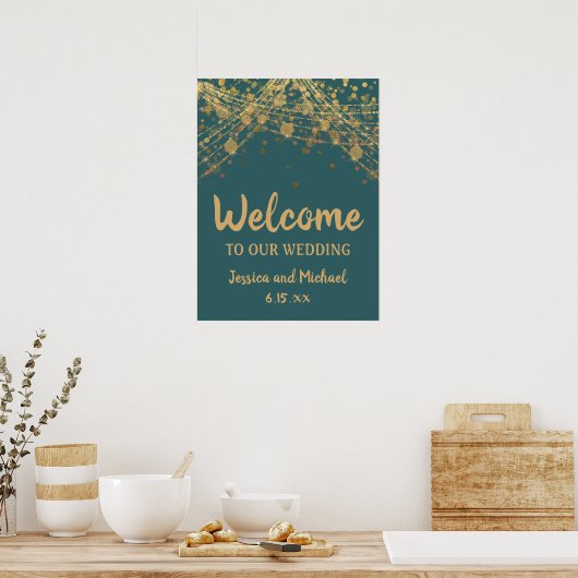 Blauwgroen Gold String Lights Bokeh Weddenschap We Poster (Keuken)