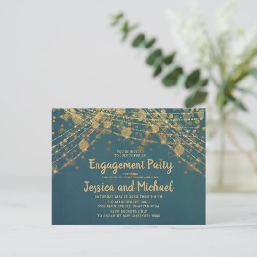 Blauwgroen Gold String Lights Engagement Party Briefkaart (Staand voorkant)