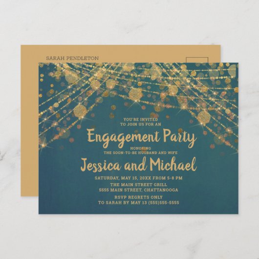 Blauwgroen Gold String Lights Engagement Party Briefkaart (Voorkant / Achterkant)