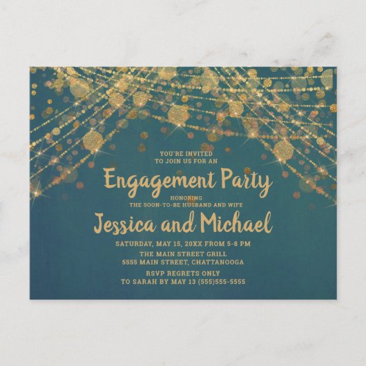 Blauwgroen Gold String Lights Engagement Party Briefkaart (Voorkant)