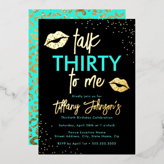 Blauwgroen Gold Talk Thirty to Me Leopard 30th Folie Uitnodiging (Voorkant / Achterkant)