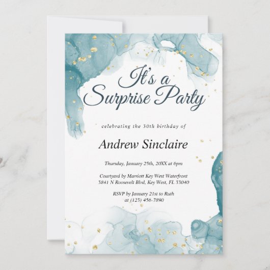 Blauwgroen & Gold Verrassingsfeestuitnodiging Save The Date (Voorkant)