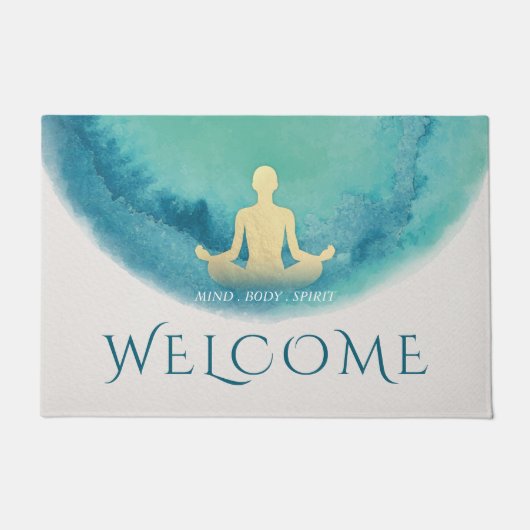 Blauwgroen Gold Waterverf Yoga-instructeur Welkom Deurmat (Voorkant)