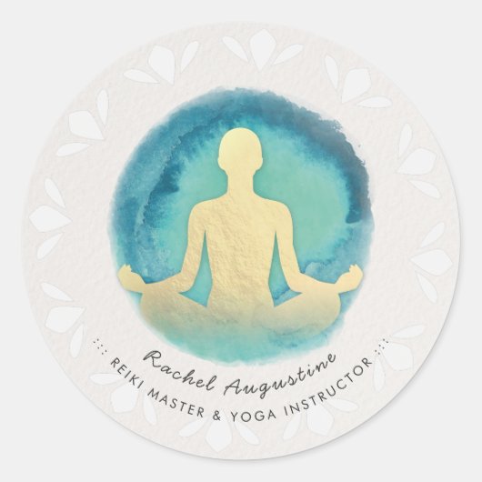 Blauwgroen Gold Waterverf YOGA-Meditatie-instructi Ronde Sticker (Voorkant)