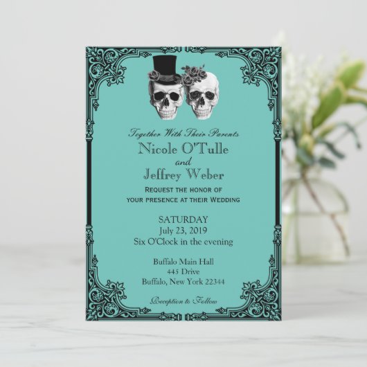 Blauwgroen Gothic Sugar Skull bruiloft uitnodiging (Staand voorkant)