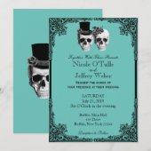 Blauwgroen Gothic Sugar Skull bruiloft uitnodiging (Voorkant / Achterkant)