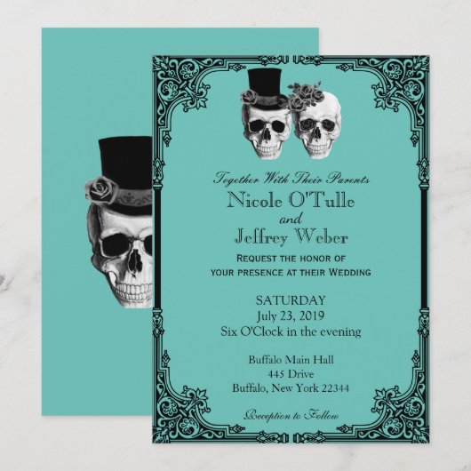 Blauwgroen Gothic Sugar Skull bruiloft uitnodiging (Voorkant / Achterkant)