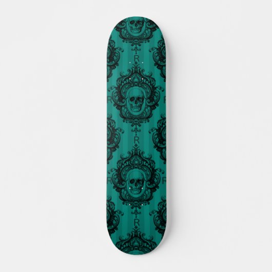 Blauwgroen gothische schedel en aangepast monogram persoonlijk skateboard (Voorkant)