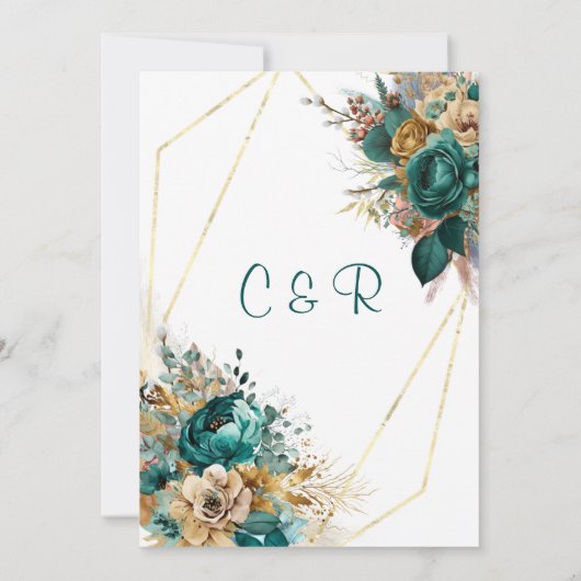 Blauwgroen & Goud Aangepaste Bruiloft Kaart (Achterkant)