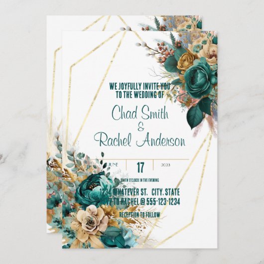 Blauwgroen & Goud Aangepaste Bruiloft Kaart (Voorkant / Achterkant)