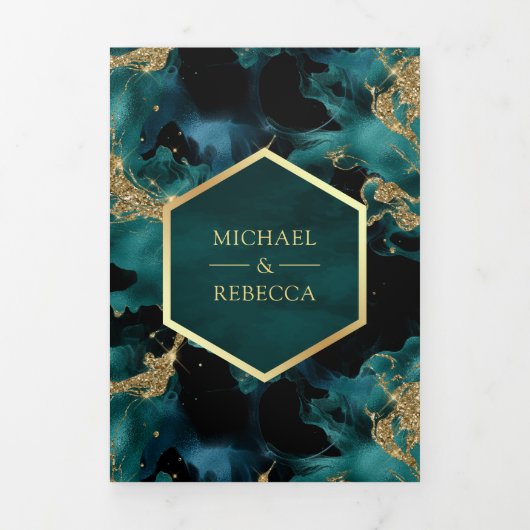 Blauwgroen Goud Abstract Vloeibare Inkt QR Code Br Drieluik Uitnodiging (Cover)