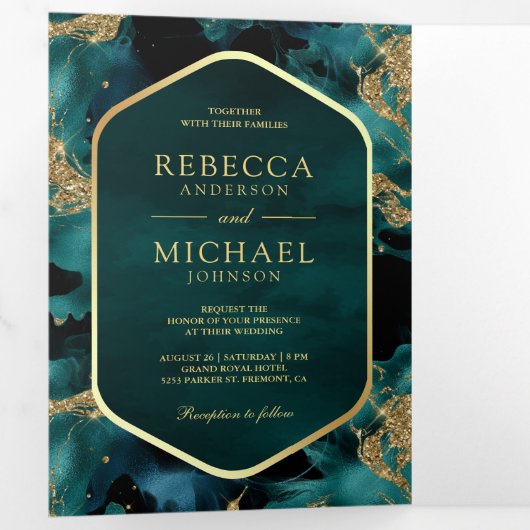 Blauwgroen Goud Abstract Vloeibare Inkt QR Code Br Drieluik Uitnodiging (Binnenzijde eerst)