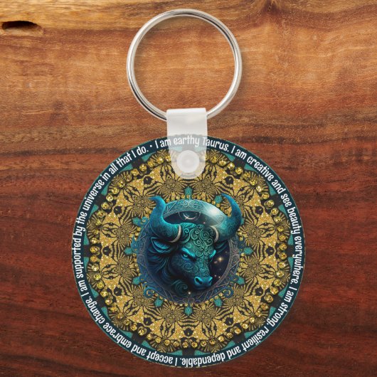 Blauwgroen+Goud Astrologie Affirmations Taurus Zod Sleutelhanger (Voorkant)