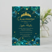 Blauwgroen Goud Betoverende Bloemenvlinder Quincea Folie Uitnodiging (Staand Voorkant)