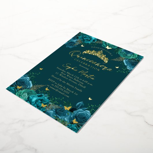 Blauwgroen Goud Betoverende Bloemenvlinder Quincea Folie Uitnodiging (Gedraaid)