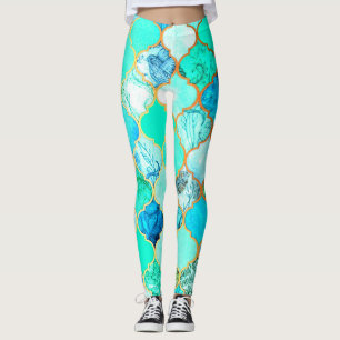 Blauwgroen, goud, blauw groen Zeemeermin patroon Leggings