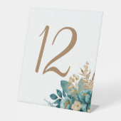 Blauwgroen & Goud Bloemen Tafelnummers Reclamebord Met Voetstuk (Voorkant)