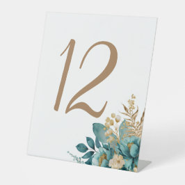 Blauwgroen & Goud Bloemen Tafelnummers Reclamebord Met Voetstuk