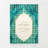 Blauwgroen Goud Bloemengordijn Indische Hindoe Bru Drieluik Uitnodiging (Cover)