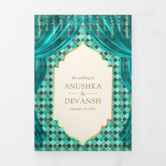Blauwgroen Goud Bloemengordijn Indische Hindoe Bru Drieluik Uitnodiging (Cover)