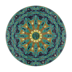 Blauwgroen Goud Boheemse Mandala OM Yoga Ronde Kus Snijplank