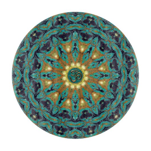 Blauwgroen Goud Boheemse Mandala OM Yoga Ronde Kus Snijplank (Voorkant)