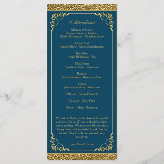 Blauwgroen Goud Bruiloft Jubileum Vow Verlenging P Programmakaart (Achterkant)