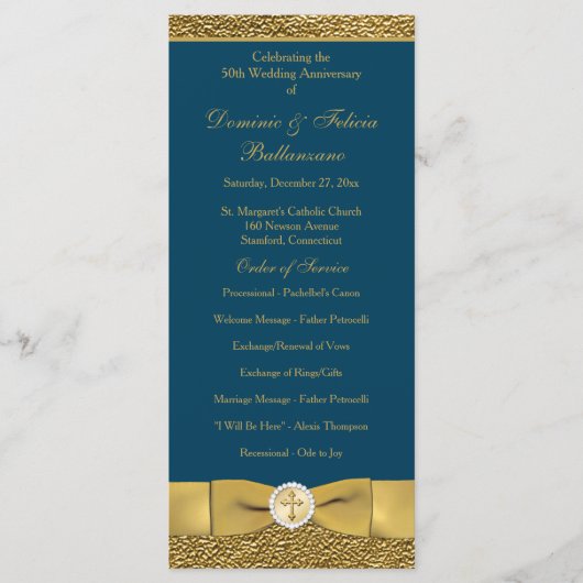 Blauwgroen Goud Bruiloft Jubileum Vow Verlenging P Programmakaart (Voorkant)