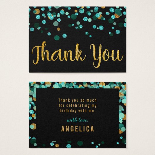 Blauwgroen Goud Confetti Zwart Verjaardag Dank u Visitekaartje (Voorkant /achterkant)
