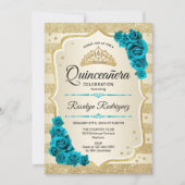 Blauwgroen Goud Elegant Bloemen Quinceanera Kaart (Voorkant)