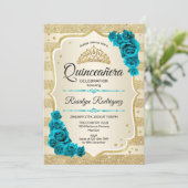Blauwgroen Goud Elegant Bloemen Quinceanera Kaart (Staand voorkant)