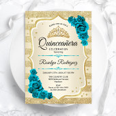 Blauwgroen Goud Elegant Bloemen Quinceanera Kaart