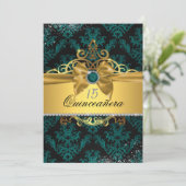 Blauwgroen Goud Elegant Damask Quinceanera Invite Kaart (Staand voorkant)