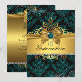 Blauwgroen Goud Elegant Damask Quinceanera Invite Kaart (Voorkant / Achterkant)